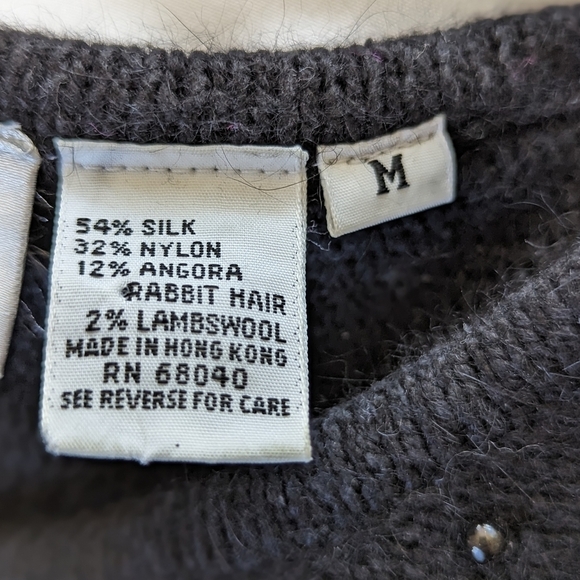 Vintage 80s Silk Angora Floral Beaded Sweater Black Pink Roses Whimsigoth Size M - Picture 5 of 11